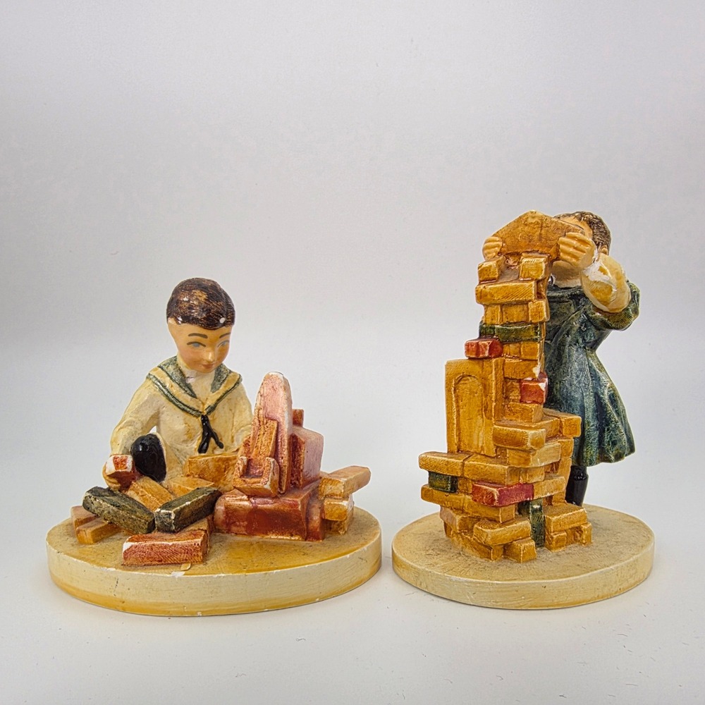 Sebastian Miniatures Figurines 1979 Children Playing Blocks Set of 2 Vintage
